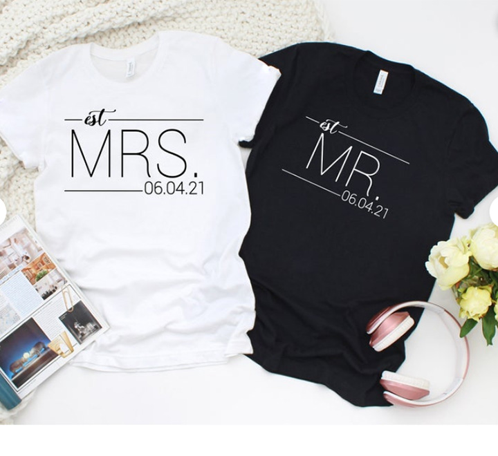 Парные футболки для мужа и жены "Est Mr Mrs" с датой свадьбы