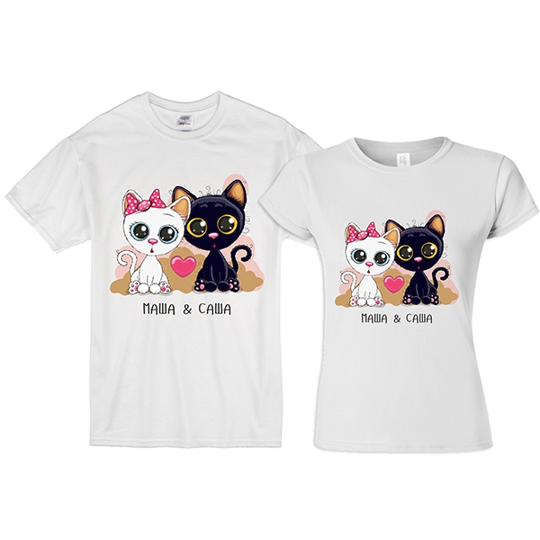 Парные футболки для двоих "Черный и белый котики" (Ваши имена) фото 0