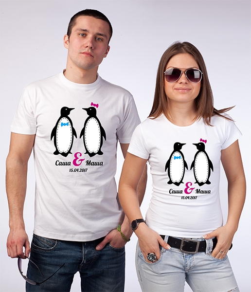 Парные футболки с Вашим именем и датой "Пингвинчики" фото 0